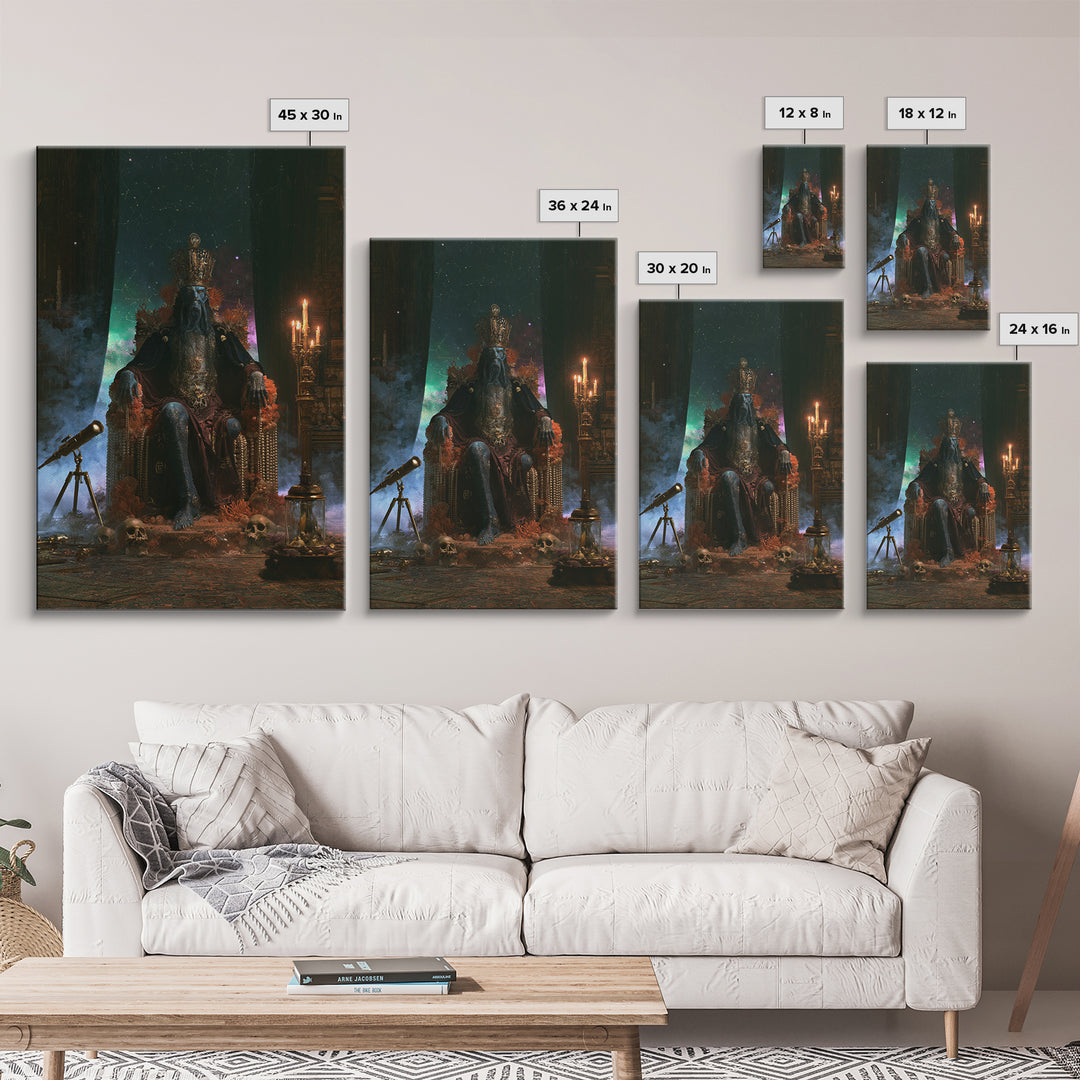 The Watcher In The Coral Throne, Lovecraftian Portrait Art, Vertical Wall Art, Framed Canvas Print, Gothic Wall Decor, Gothic Home Decor