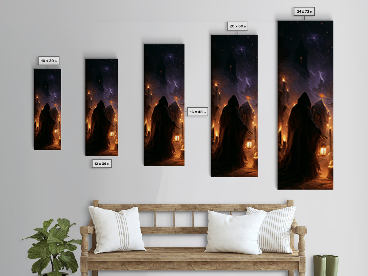 The Innsmouth Lantern Procession, Dark Academia Wall Art, Tall Narrow Wall Art, Canvas Print, Gothic Wall Decor, Halloween Portrait Art
