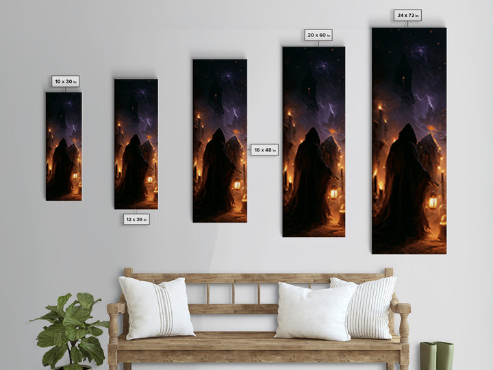 The Innsmouth Lantern Procession, Dark Academia Wall Art, Tall Narrow Wall Art, Canvas Print, Gothic Wall Decor, Halloween Portrait Art