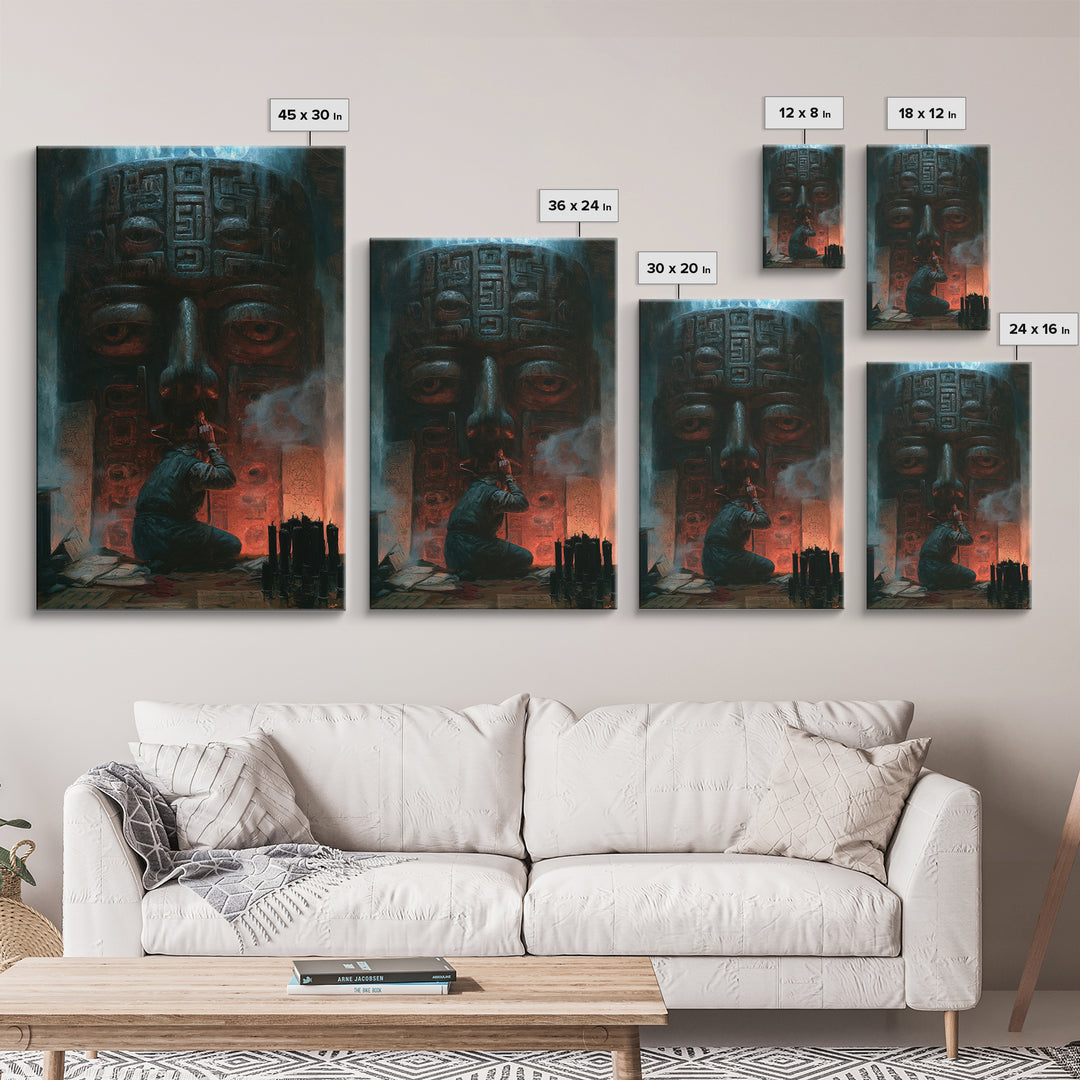 The Custodian Of The Whispering Idol, Victorian Horror Portrait, Vertical Wall Art, Framed Canvas Print, Gothic Wall Decor