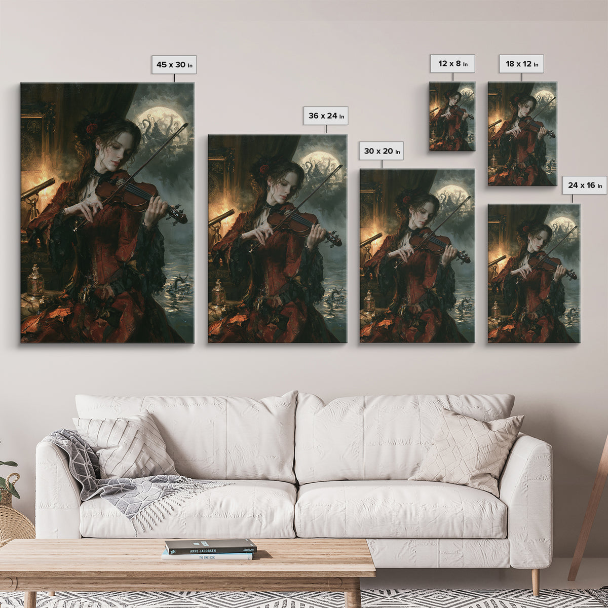 The Violinist Of The Drowned Moon, Victorian Horror Portrait, Vertical Wall Art, Framed Canvas Print, Gothic Wall Decor