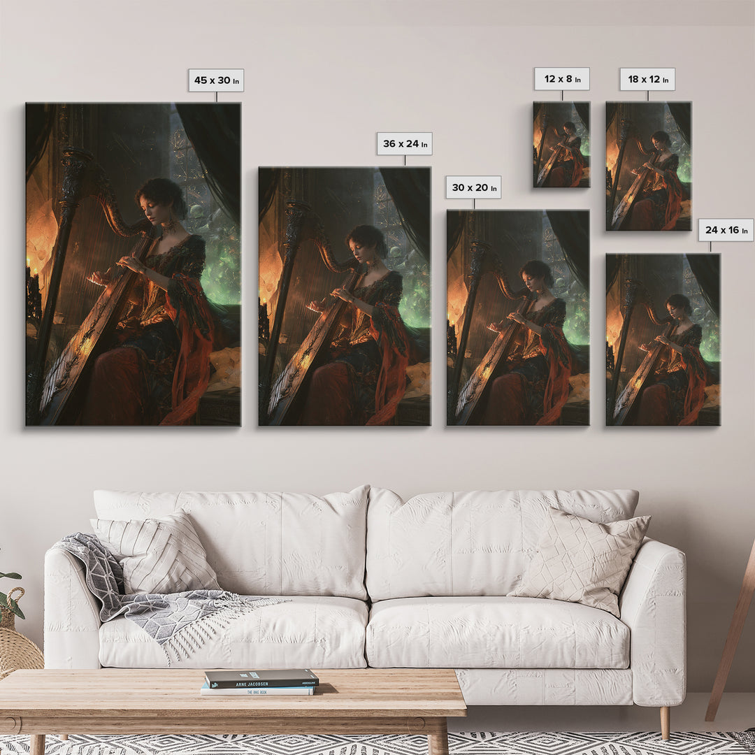 The Harpist Of Abyssal Sleep, Victorian Gothic Art, Vertical Wall Art, Framed Canvas Print, Gothic Wall Decor, Halloween Portrait Art