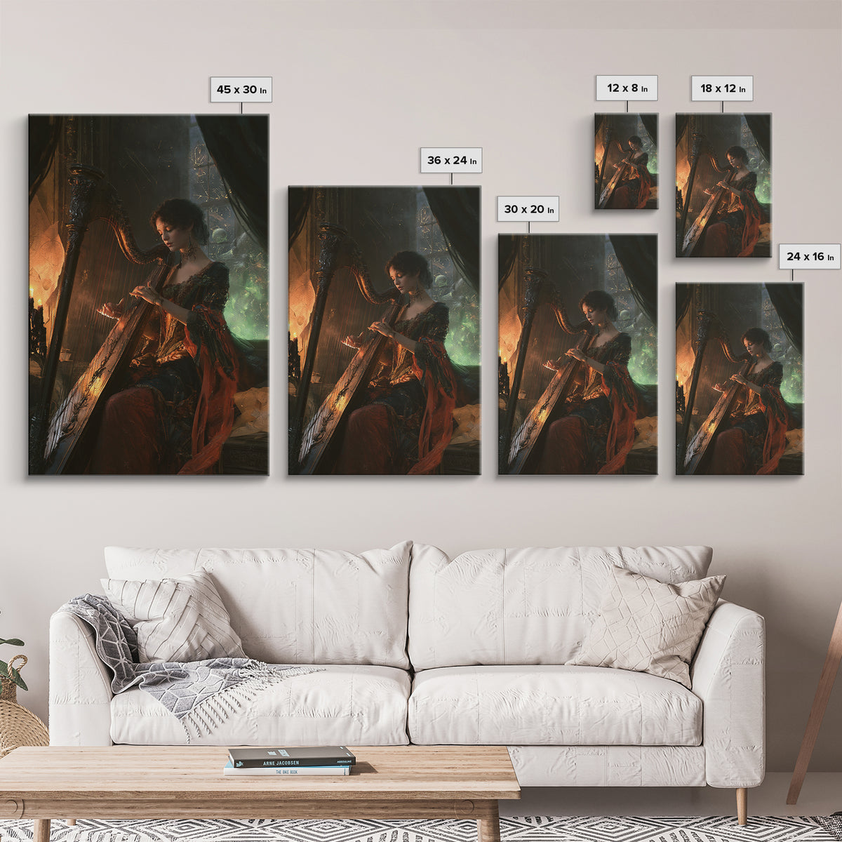 The Harpist Of Abyssal Sleep, Victorian Gothic Art, Vertical Wall Art, Framed Canvas Print, Gothic Wall Decor, Halloween Portrait Art