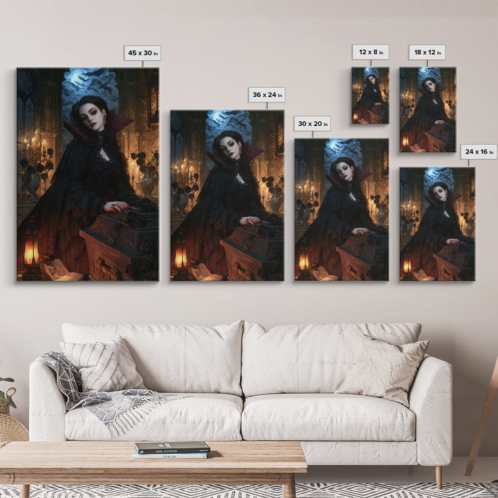 The Rose-Coffin Countess, Victorian Vampire Portrait, Vertical Canvas Print, Classic Halloween Decor, Canvas Print, Classic Monster Art