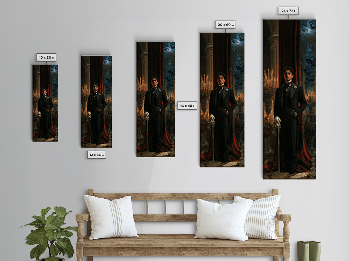 The Moonlit Viscount, Victorian Vampire Portrait, Tall Narrow Canvas Print, Classic Halloween Decor, Classic Monster Art