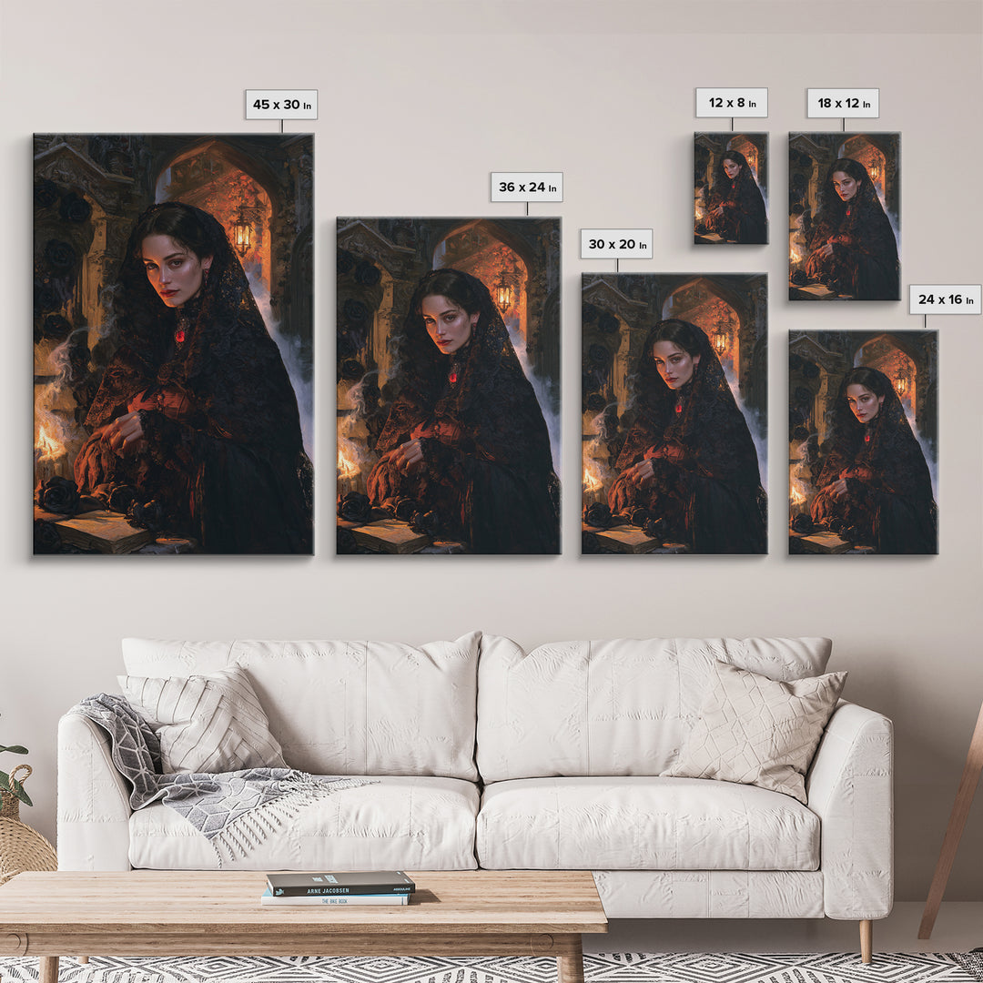 The Widow Of Black Veils, Victorian Vampire Portrait, Vertical Canvas Print, Classic Halloween Decor, Gothic Wall Decor, Classic Monster Art