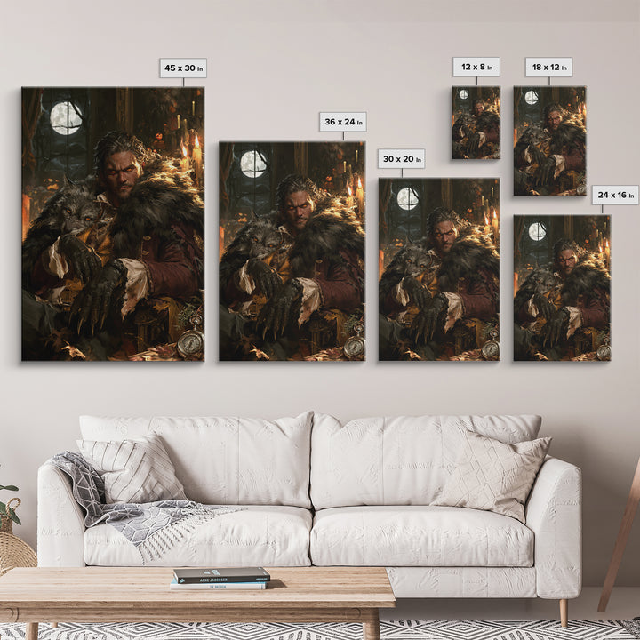 The Silver-Wolf Heir, Victorian Werewolf Portrait, Vertical Canvas Print, Dark Academia Decor, Antique Horror Decor, Classic Monster Art