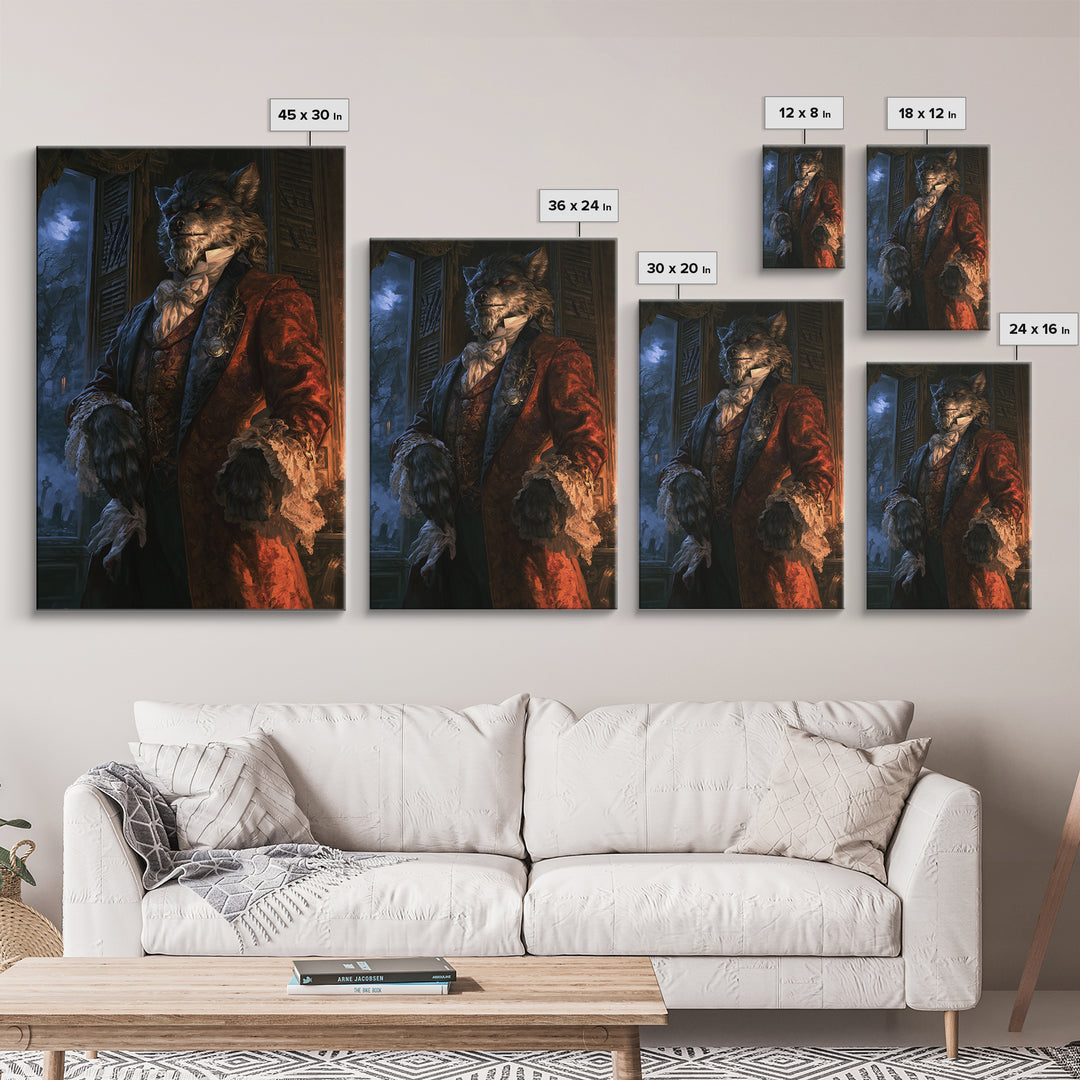 The Ballroom Lycan, Victorian Werewolf Portrait, Vertical Canvas Print, Antique Style Decor, Antique Horror Decor, Classic Monster Art