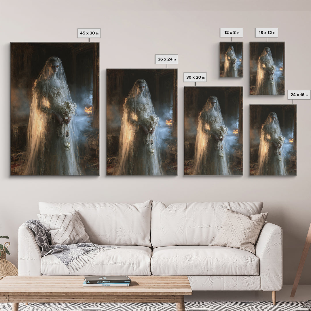 The Hollow-Eyed Bride, Victorian Ghost Portrait, Vertical Canvas Print, Gothic Home Decor, Halloween Portrait Art, Classic Monster Art