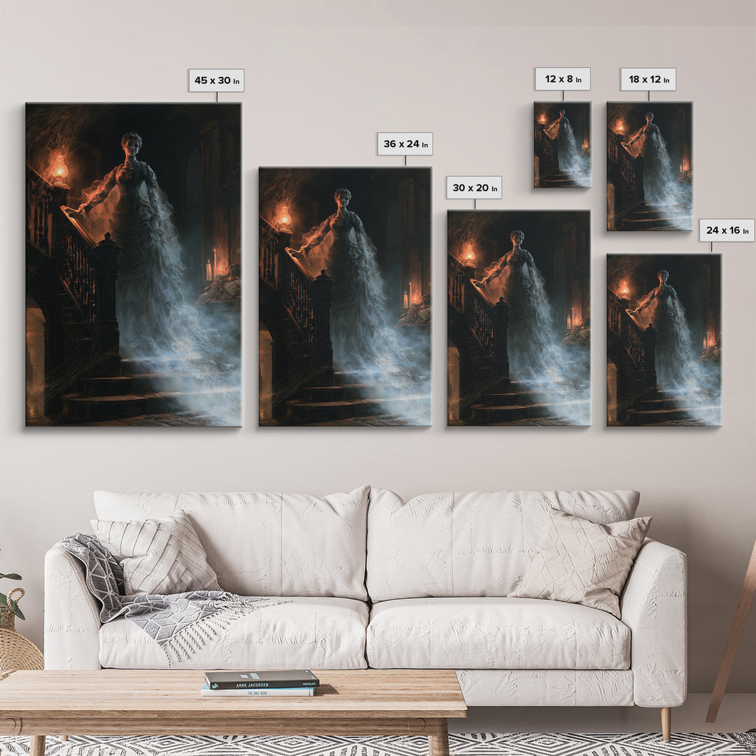 The Staircase Apparition, Victorian Ghost Portrait, Vertical Canvas Print, Antique Style Decor, Halloween Portrait Art, Classic Monster Art