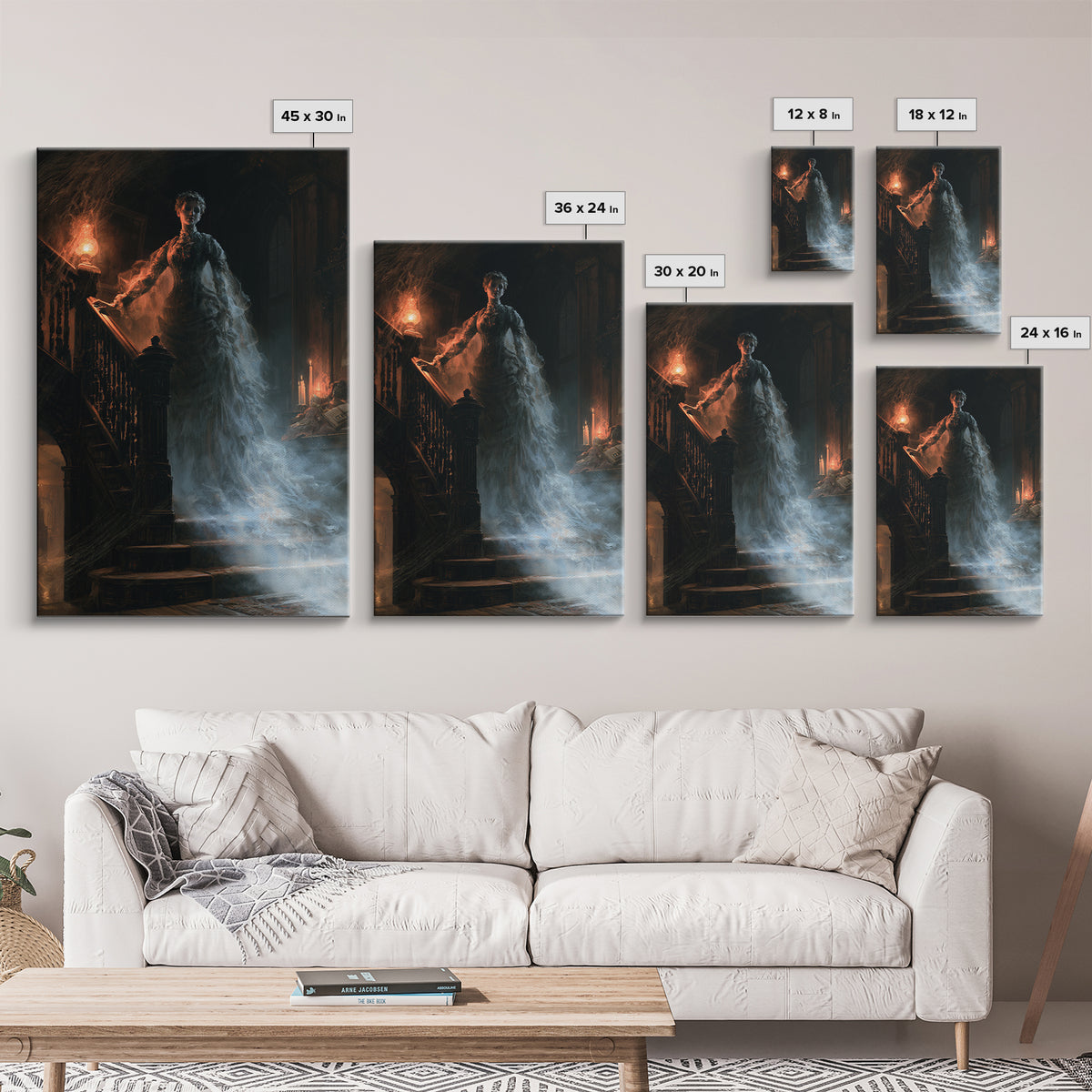 The Staircase Apparition, Victorian Ghost Portrait, Vertical Canvas Print, Antique Style Decor, Halloween Portrait Art, Classic Monster Art