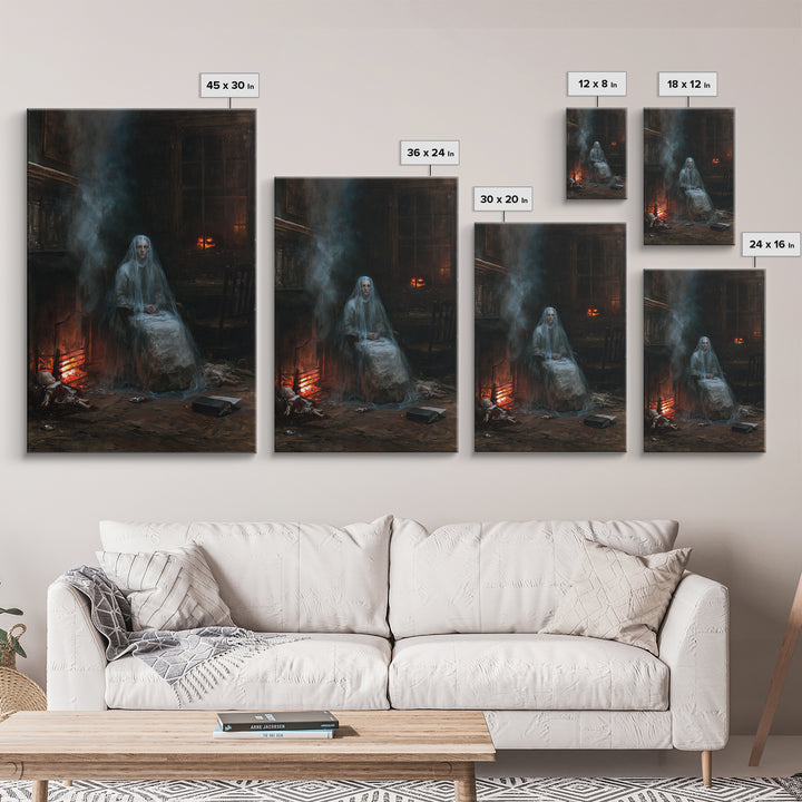 The Hearthside Shade, Victorian Ghost Portrait, Vertical Canvas Print, Classic Halloween Decor, Canvas Print, Classic Monster Art
