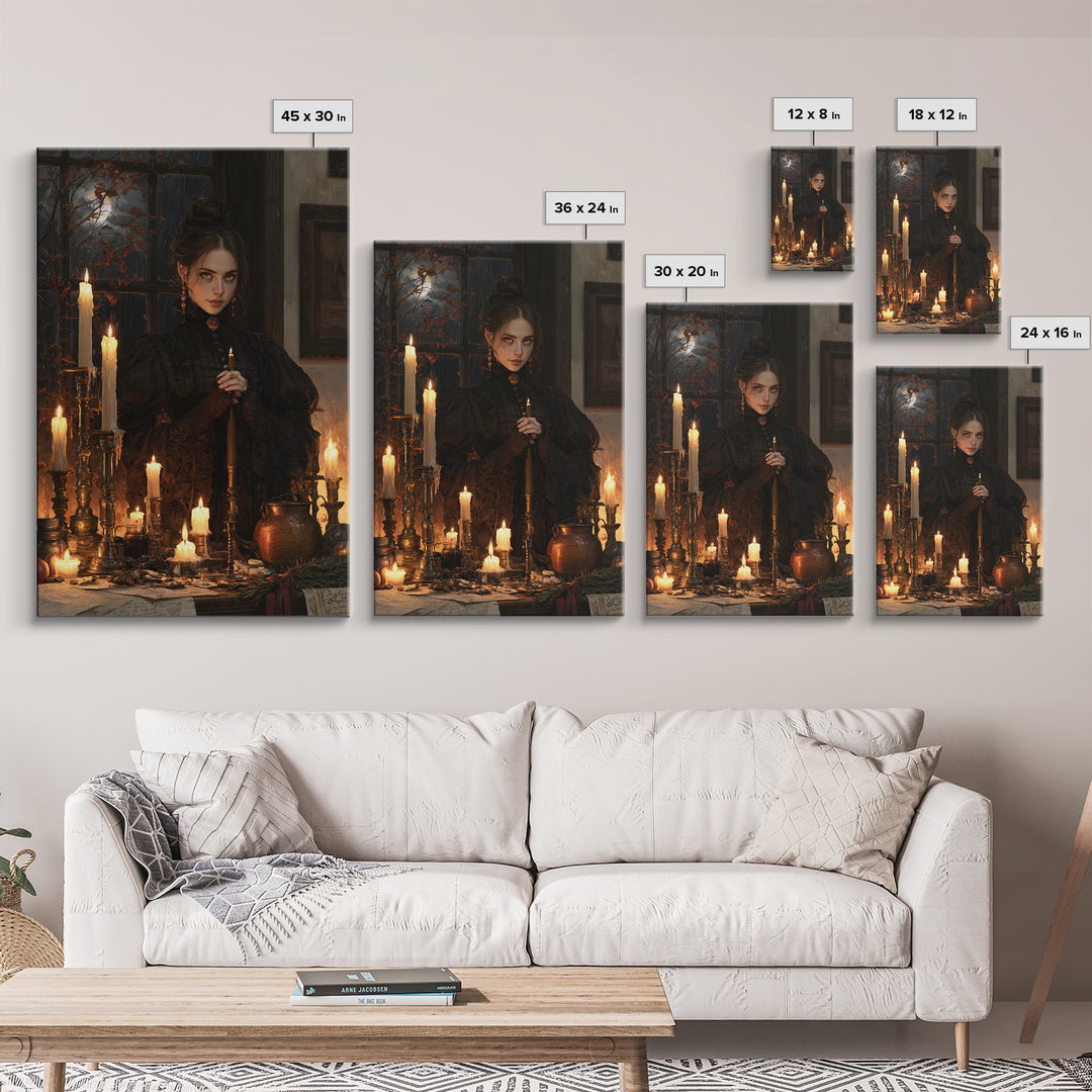 The Candle Witch, Victorian Witch Portrait, Vertical Canvas Print, Dark Academia Decor, Antique Horror Decor, Classic Monster Art