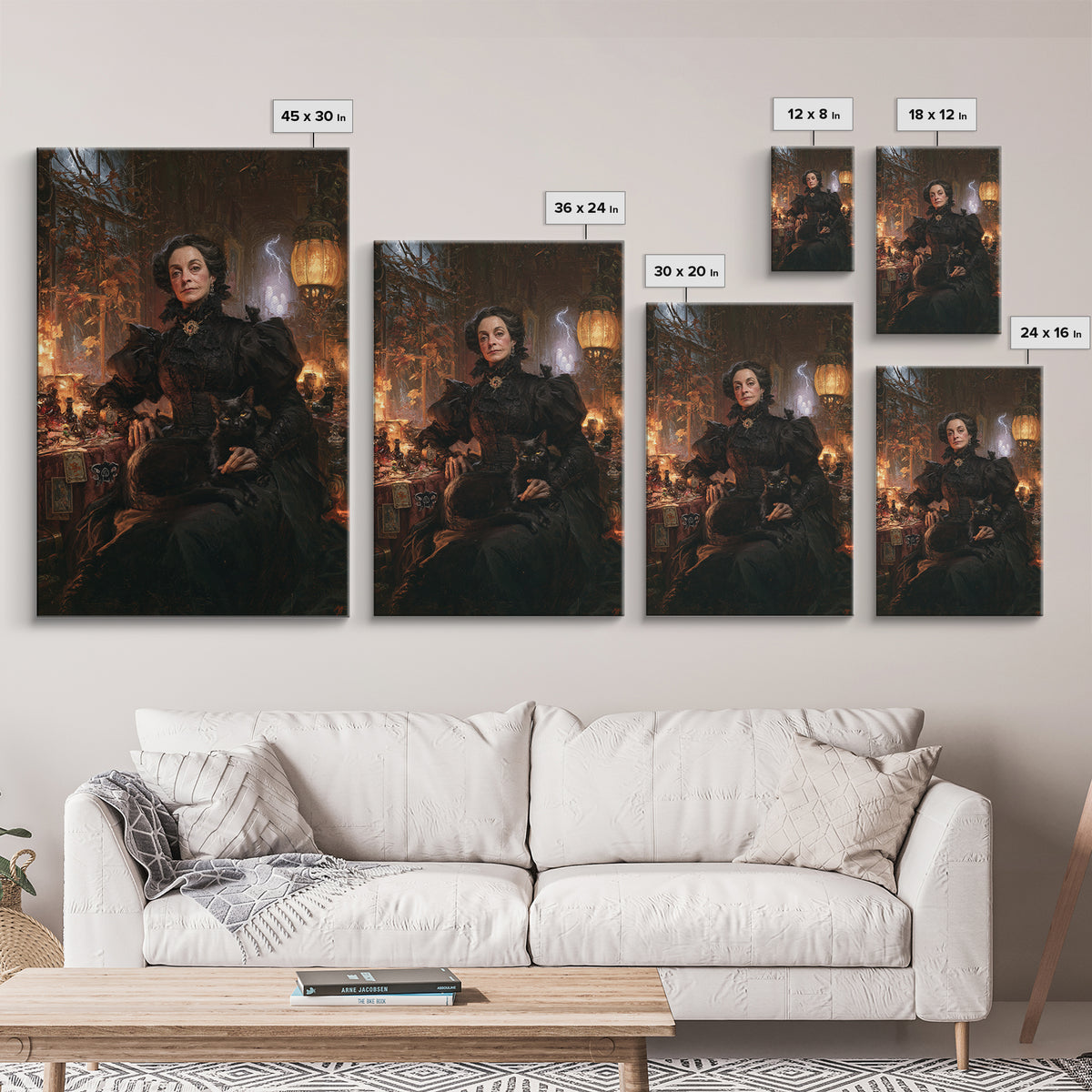 The Widow Of Nine Cats, Victorian Witch Portrait, Vertical Canvas Print, Gothic Home Decor, Halloween Portrait Art, Classic Monster Art
