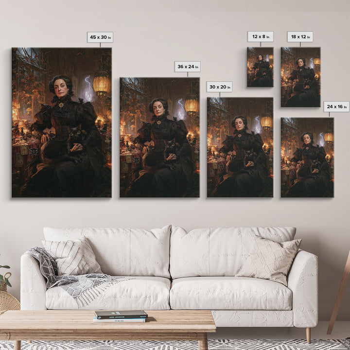 The Widow Of Nine Cats, Victorian Witch Portrait, Vertical Canvas Print, Gothic Home Decor, Halloween Portrait Art, Classic Monster Art