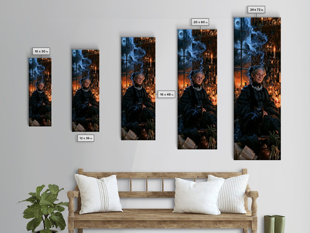 The Widow Of Nine Cats, Victorian Witch Portrait, Tall Narrow Canvas Print, Gothic Home Decor, Halloween Portrait Art, Classic Monster Art