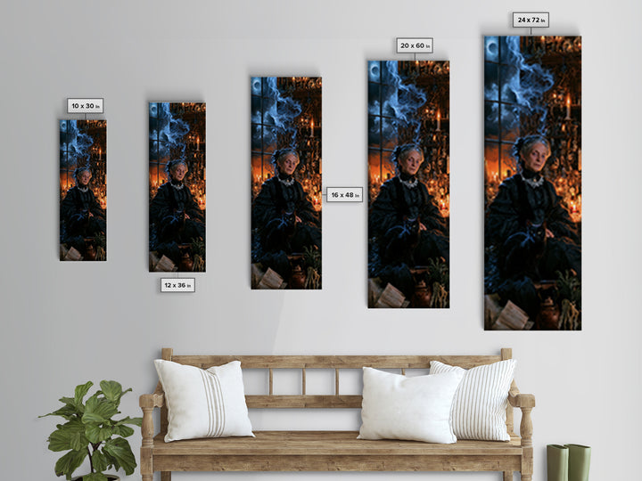 The Widow Of Nine Cats, Victorian Witch Portrait, Tall Narrow Canvas Print, Gothic Home Decor, Halloween Portrait Art, Classic Monster Art