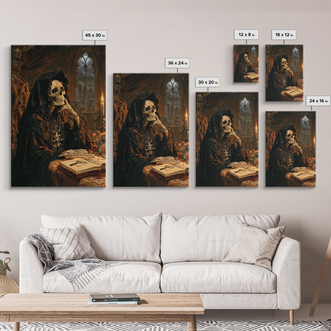 The Widow In Ivory Bone, Victorian Skeleton Portrait, Vertical Canvas Print, Macabre Home Decor, Halloween Portrait Art, Classic Monster Art