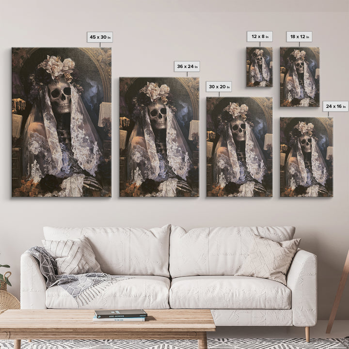 The Mourning Skeleton Bride, Victorian Skeleton Portrait, Vertical Canvas Print, Macabre Home Decor, Classic Monster Art