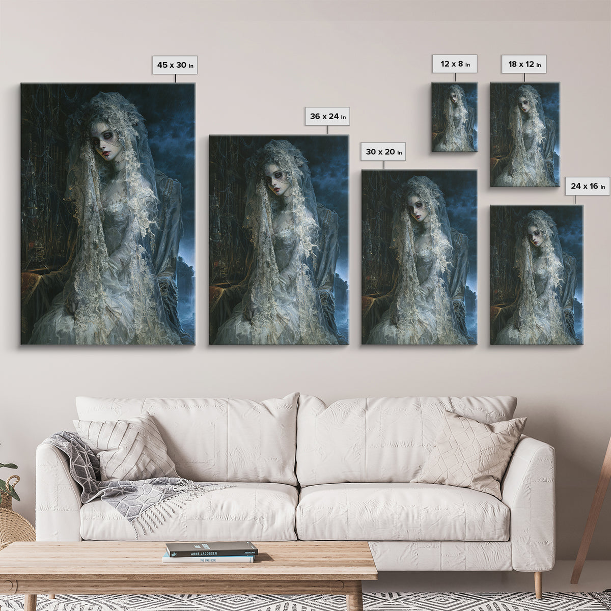 The Storm-Stitched Bride, Victorian Monster Portrait, Vertical Canvas Print, Classic Halloween Decor, Classic Monster Art