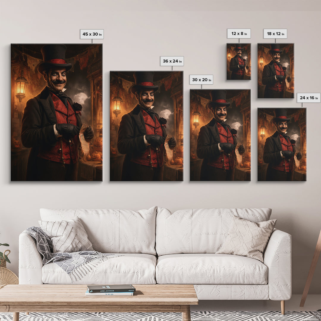 The Cursed Ringmaster, Victorian Circus Horror Portrait, Vertical Canvas Print, Macabre Home Decor, Classic Monster Art