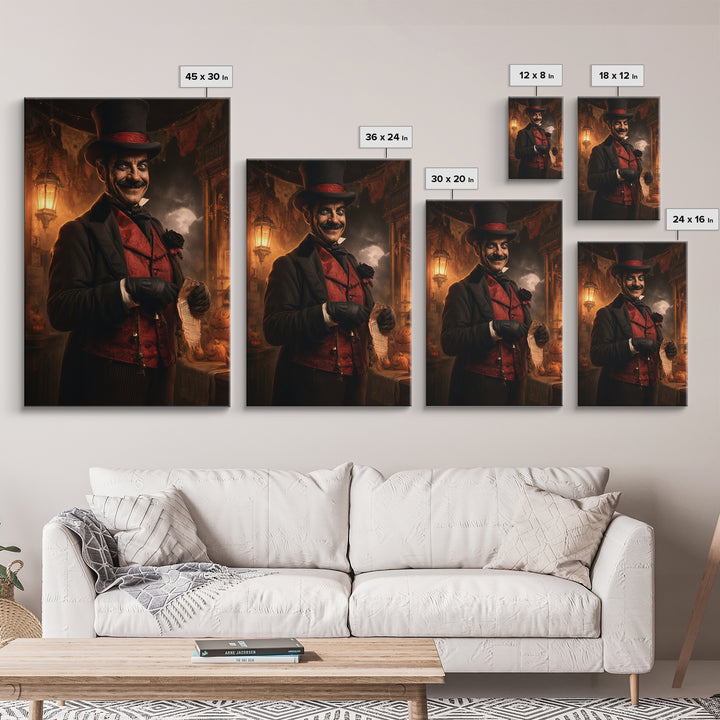 The Cursed Ringmaster, Victorian Circus Horror Portrait, Vertical Canvas Print, Macabre Home Decor, Classic Monster Art