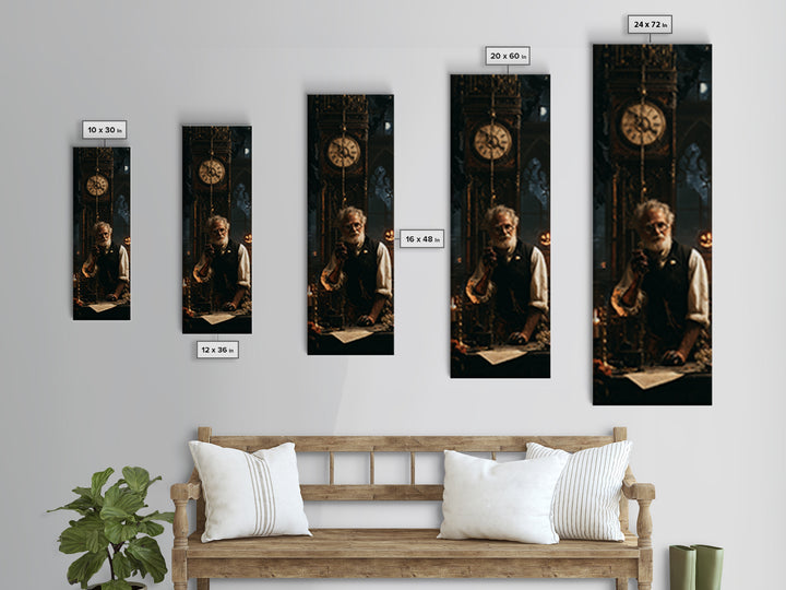 The Clockmaker Of Midnight, Midnight Clockmaker Portrait, Tall Narrow Canvas Print, Antique Style Decor, Gothic Wall Decor