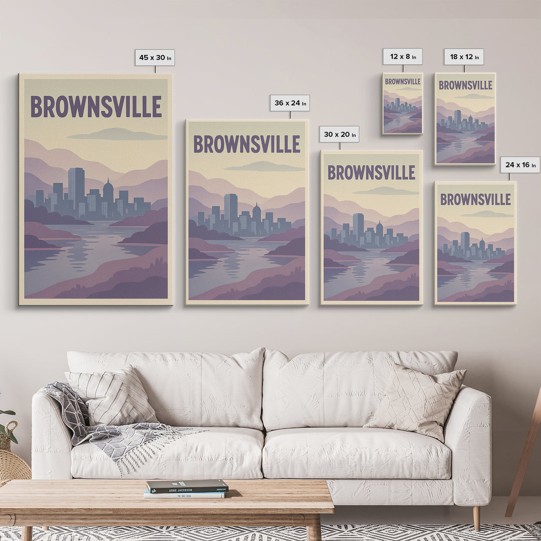Brownsville Travel Poster, Framed Canvas Print, Pastel Retro Travel Art, Brownsville Poster Print, Eclectic Wall Decor, Travel Art Print