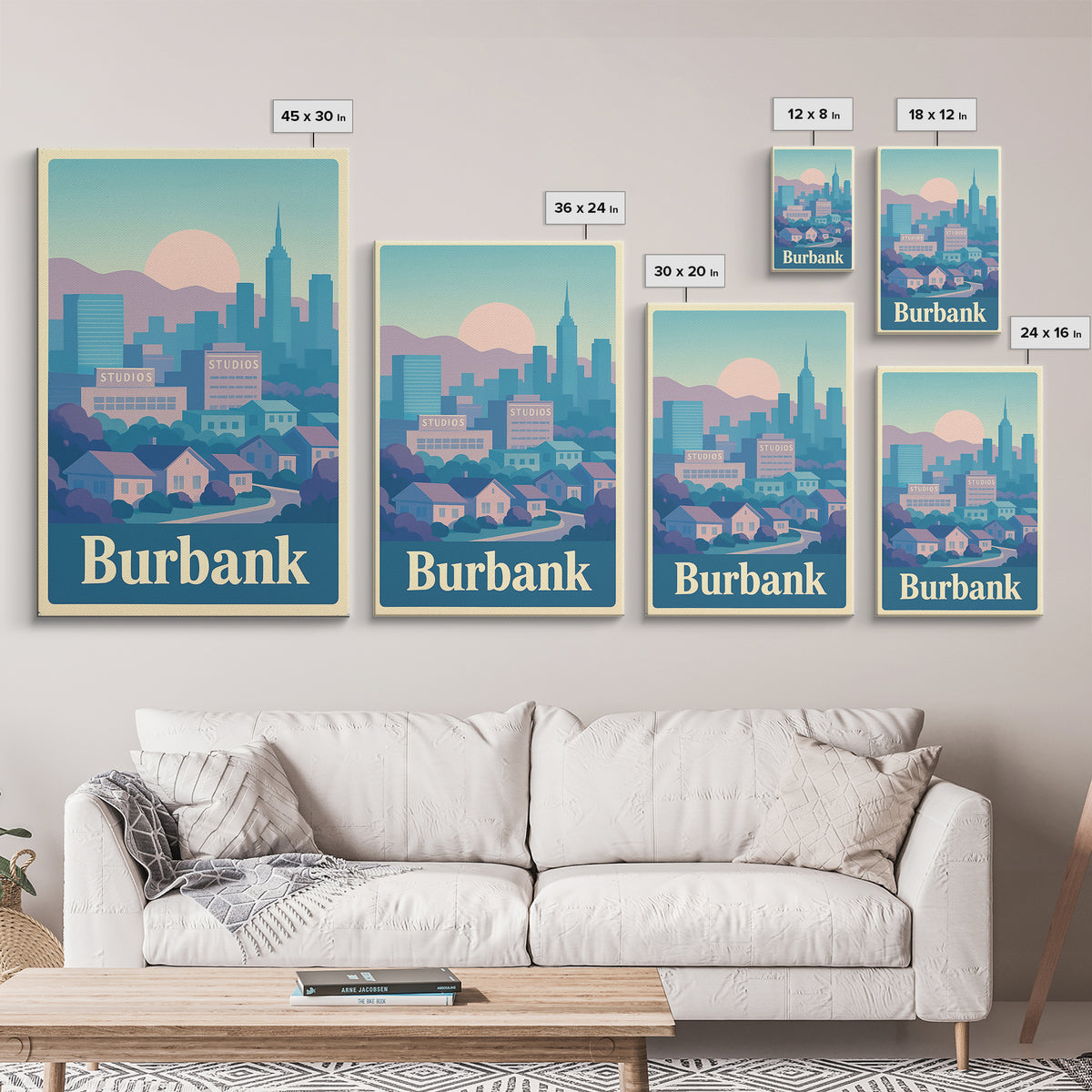Burbank Travel Poster, Canvas Print, Vaporwave City Skyline Wall Art, Burbank Wall Art, City Illustration, Vintage Travel Art, City Poster