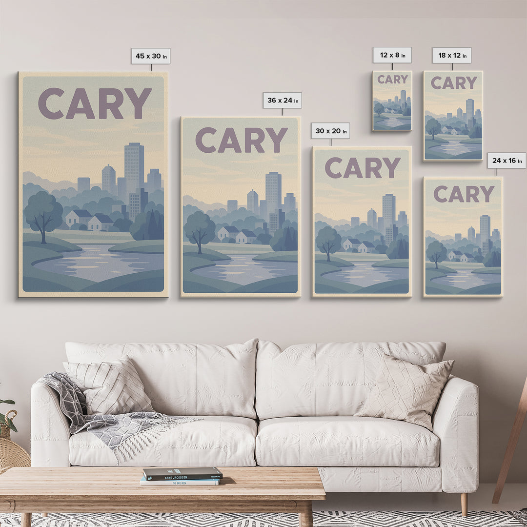 Cary North Carolina Travel Poster, Canvas Print, Vaporwave Skyline Wall Art, Cary City Art, Art Print, Retro Travel Print, Wanderlust Decor