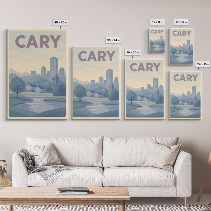 Cary North Carolina Travel Poster, Canvas Print, Vaporwave Skyline Wall Art, Cary City Art, Art Print, Retro Travel Print, Wanderlust Decor