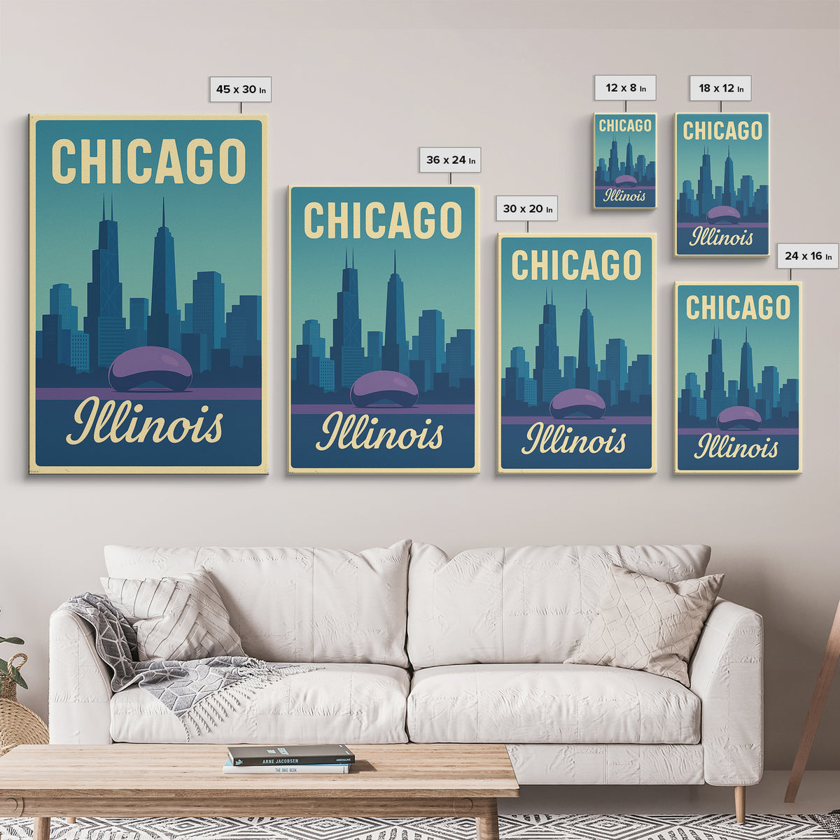 Chicago Travel Poster, Canvas Print, Pastel Retro Travel Art, Chicago Travel Art, Watercolor Urban Skyline, Office Decor, City Art Print