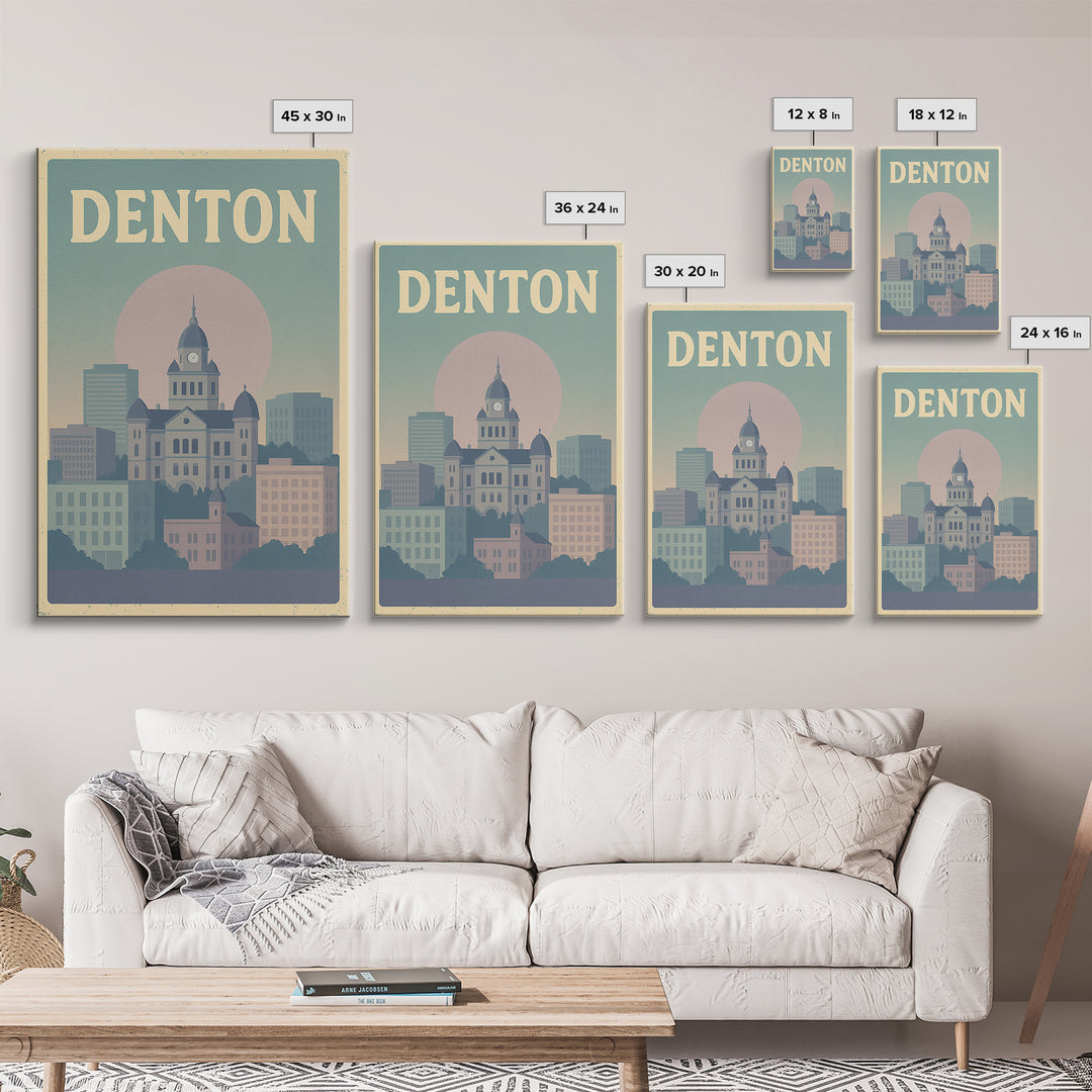 Denton Travel Poster, Framed Canvas Print, Vaporwave Skyline Wall Art, Denton Poster Print, Living Room Wall Art, Modern Wall Decor
