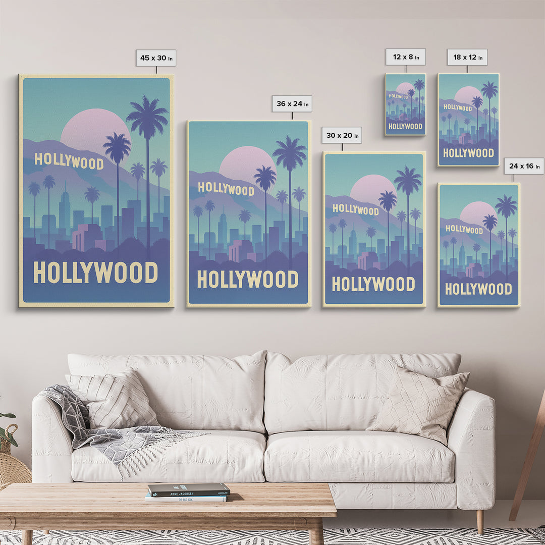 Hollywood Travel Poster, Canvas Print, Dreamy Skyline Poster Art, Hollywood Poster Print, Travel Poster Art, Vintage Travel Print