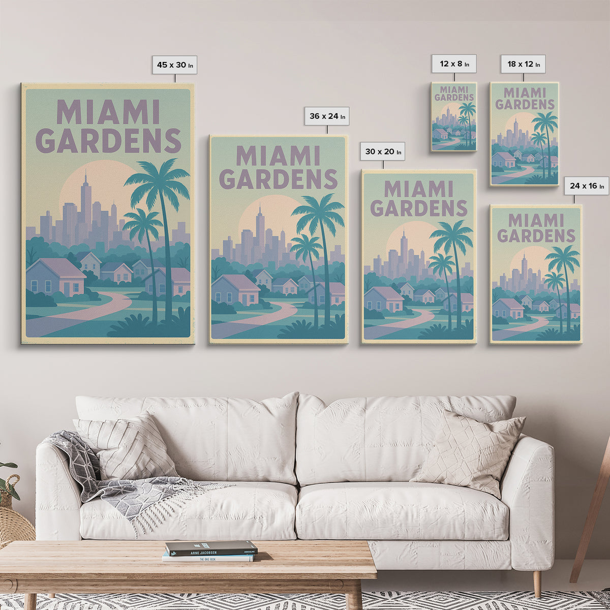 Miami Gardens Florida Travel Poster, Canvas Print, Soft Vintage City Poster, Miami Gardens City Art, Mid Century Wall Art, Travel Art