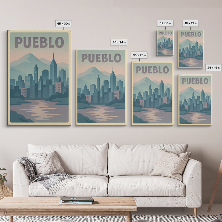Pueblo Colorado Travel Poster, Canvas Print, Dreamy Skyline Poster Art, Pueblo Wall Art, Travel Poster Art, City Art Print, Wall Decor