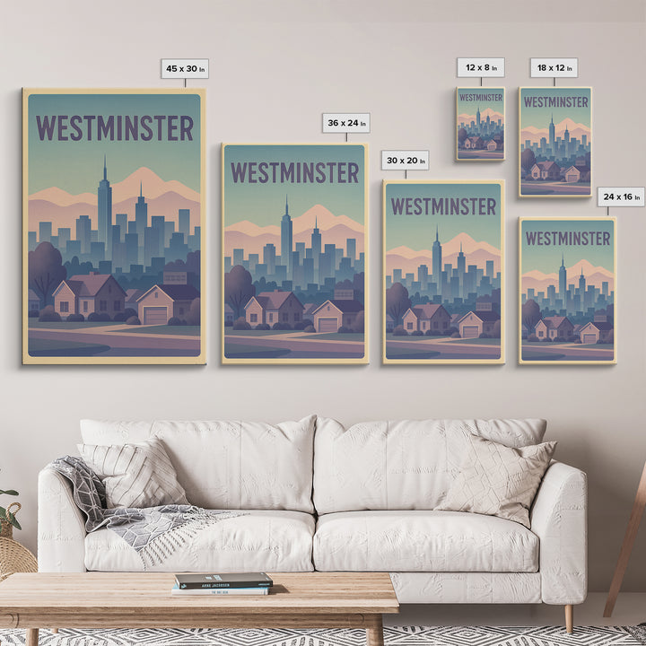 Westminster Colorado Travel Poster, Canvas Print, Vaporwave Cityscape Wall Art, Westminster Travel Art, Retro Travel Print, Travel Art