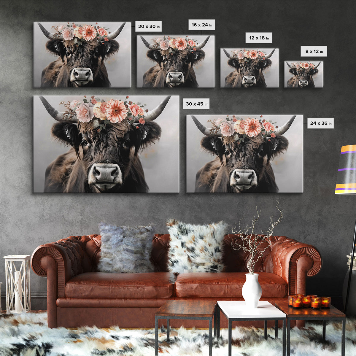 Framed Canvas Wall Art, Cute Cow Wearing Flowers, Farmhouse Decor, Farmhouse Wall At, Extra Large Boho Decor, Modern Art, Minimalist Rustic