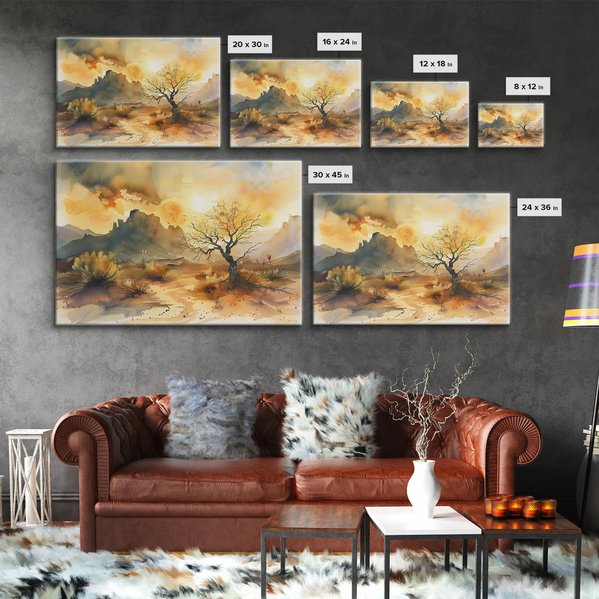 Large Wall Art Desert Print, Wood Framed Canvas Print, Original Artwork, Watercolor Landscape Painting, Minimalist Wall Art