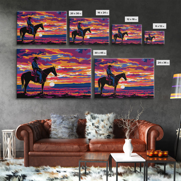 Cowboy At Sunset Watercolor Painting Framed Canvas Print, Western Decor, Gift For Him, Guy Gift, Rodeo Art, Southwestern Wall Decor