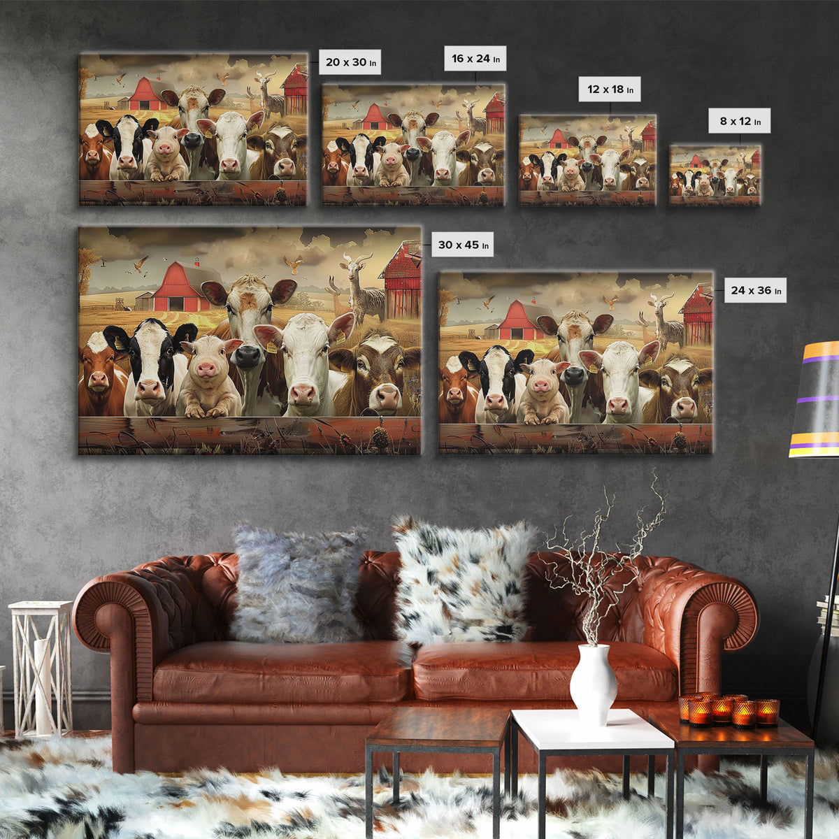 Farm Animals On The Fence, Framed Canvas Print, Cute Animal Decor, Bathroom Wall Art, Illustration, Home Decor