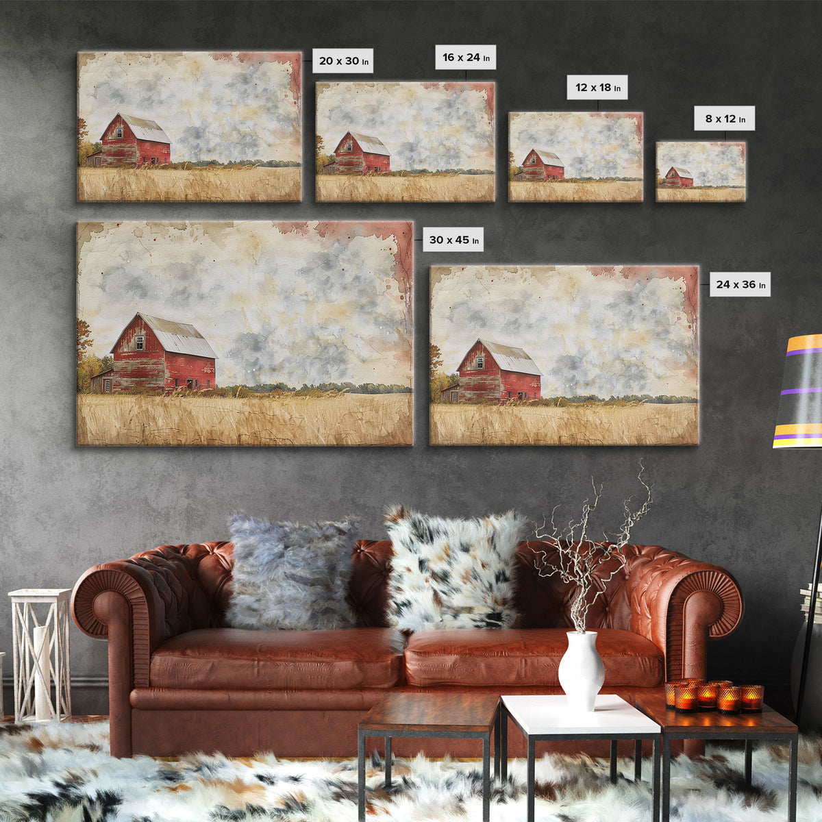 Red Barn Watercolor Painting Framed Canvas Print, Watercolor Painting From Photo Landscape, Wall Decor, Home Decor