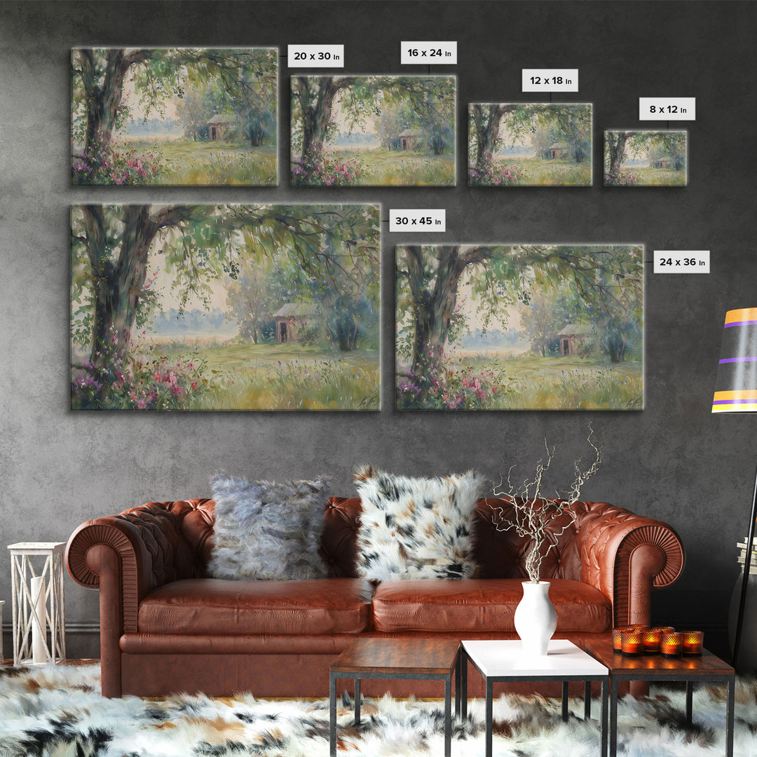 Painting Of An Old Farmhouse In The Spring, Framed Canvas Print, Watercolor Painting, Original Art, Living Room Art, Wall Art