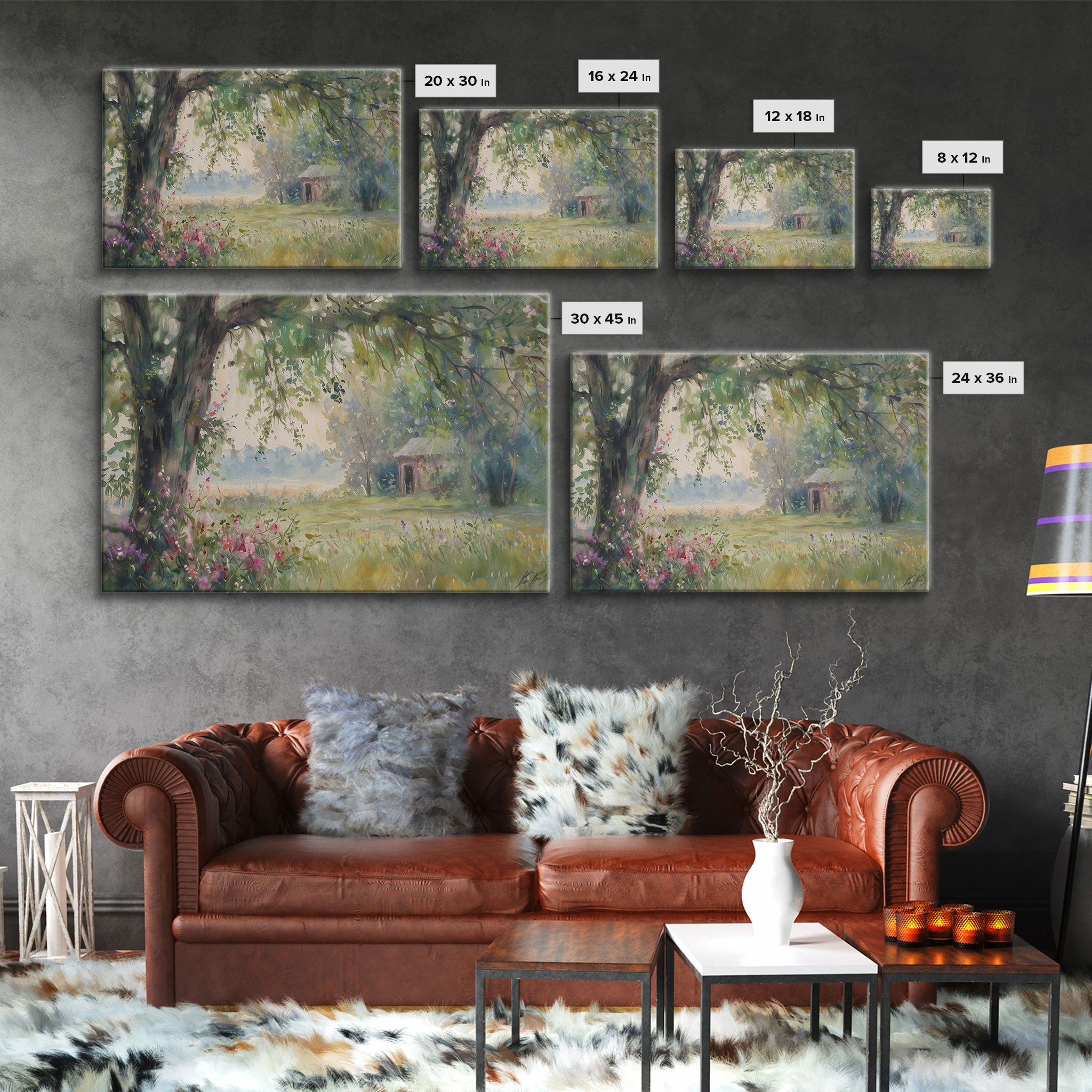 Painting Of An Old Farmhouse In The Spring, Framed Canvas Print, Watercolor Painting, Original Art, Living Room Art, Wall Art