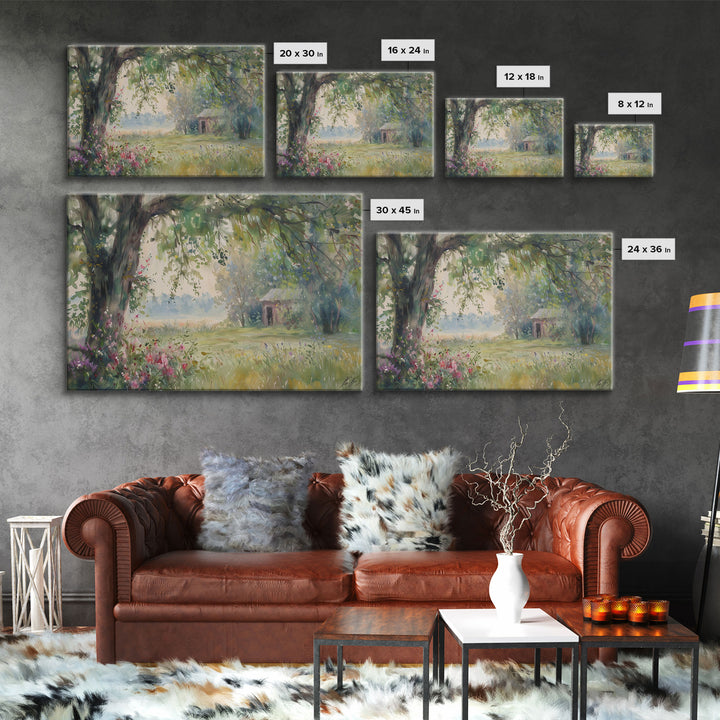 Painting Of An Old Farmhouse In The Spring, Framed Canvas Print, Watercolor Painting, Original Art, Living Room Art, Wall Art