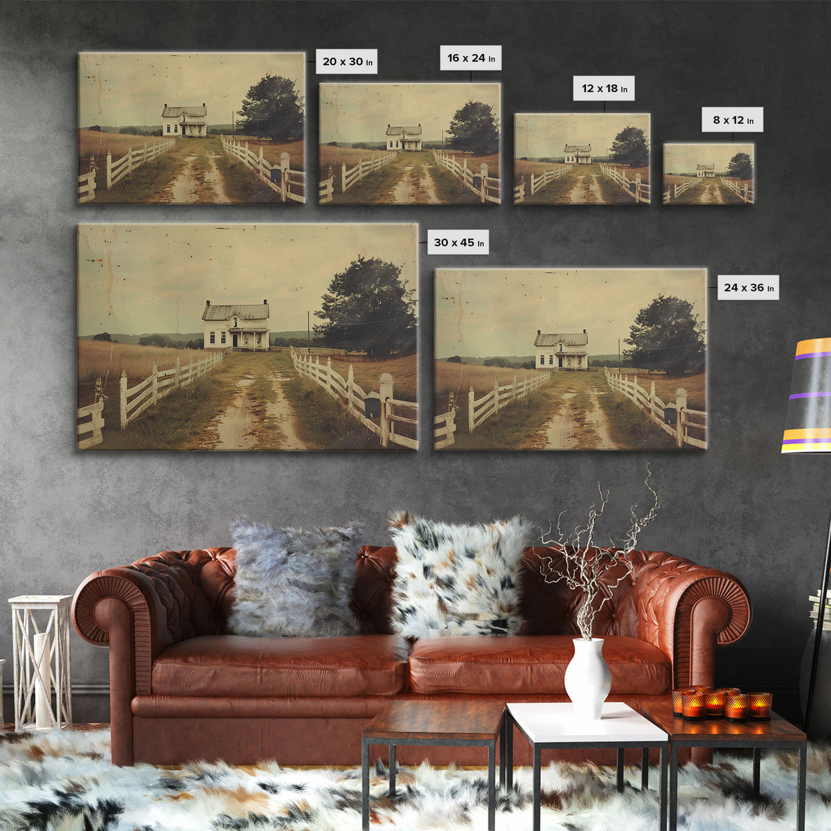 Old Photo Print Of An 1800s Farmhouse, White Picket Fences, Vintage Style Wall Art, Framed Canvas Print, Rustic Primitive Wall Art