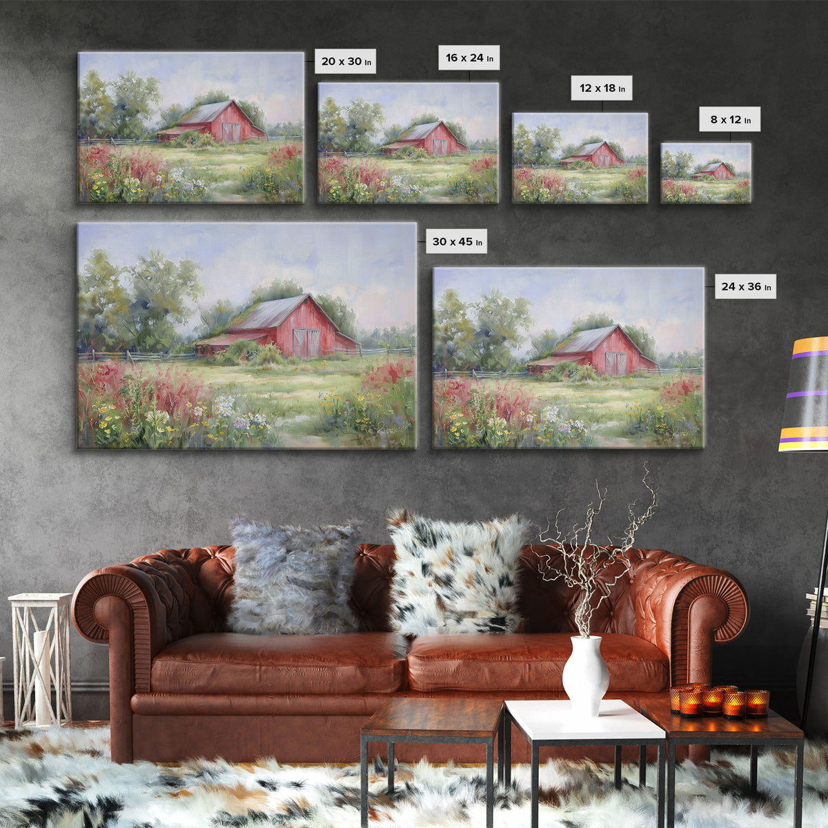 Old Red Barn Rustic Art, Framed Canvas Print Of An Original Art Watercolor Painting, Cottage Core Decor, Whimsical Kitsch Living Room Art