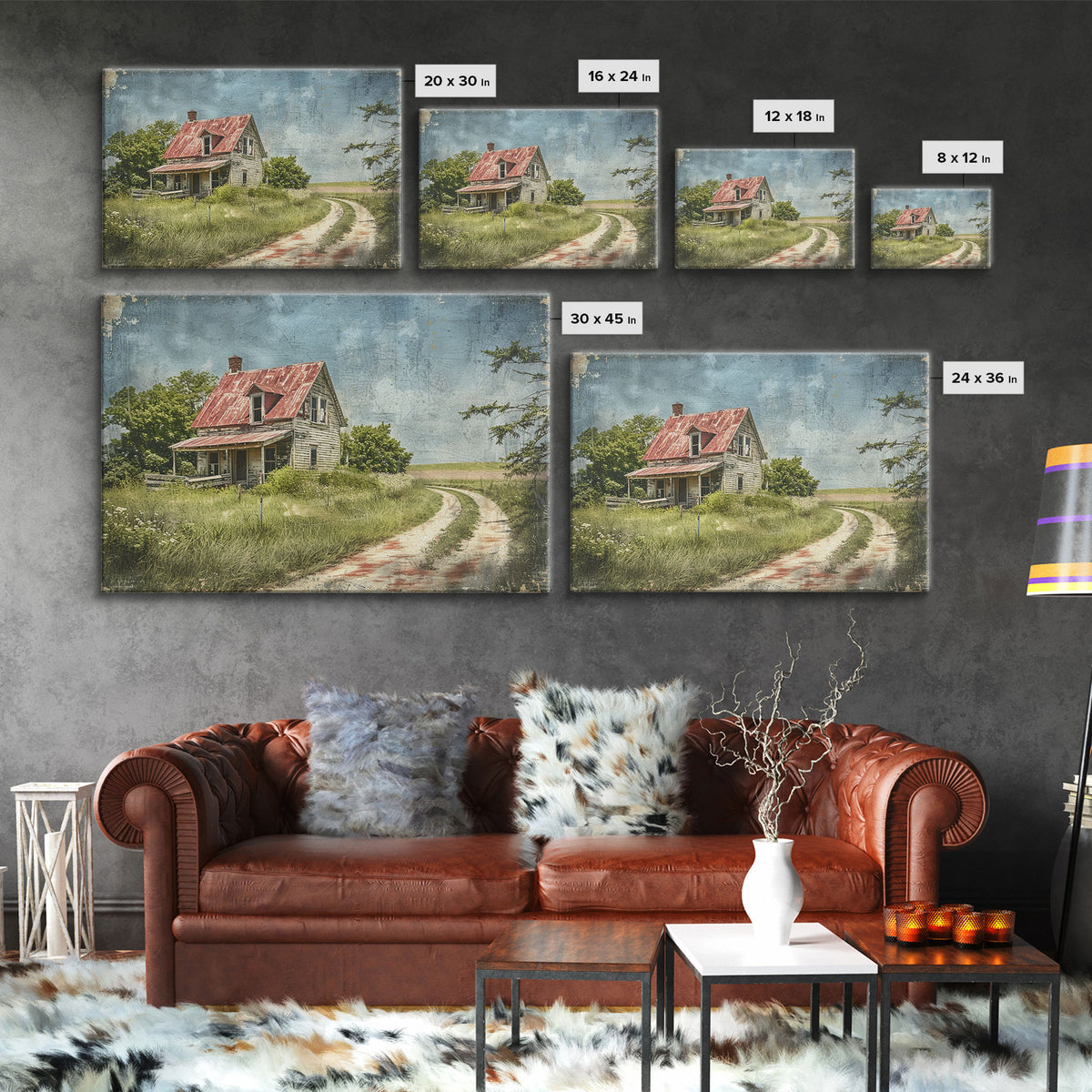 Watercolor Painting Of An Old Red Farmhouse, Framed Canvas Print, Wall Art Prints, Rustic Farmhouse Decor, Minimalist Art, Kitsch Decor