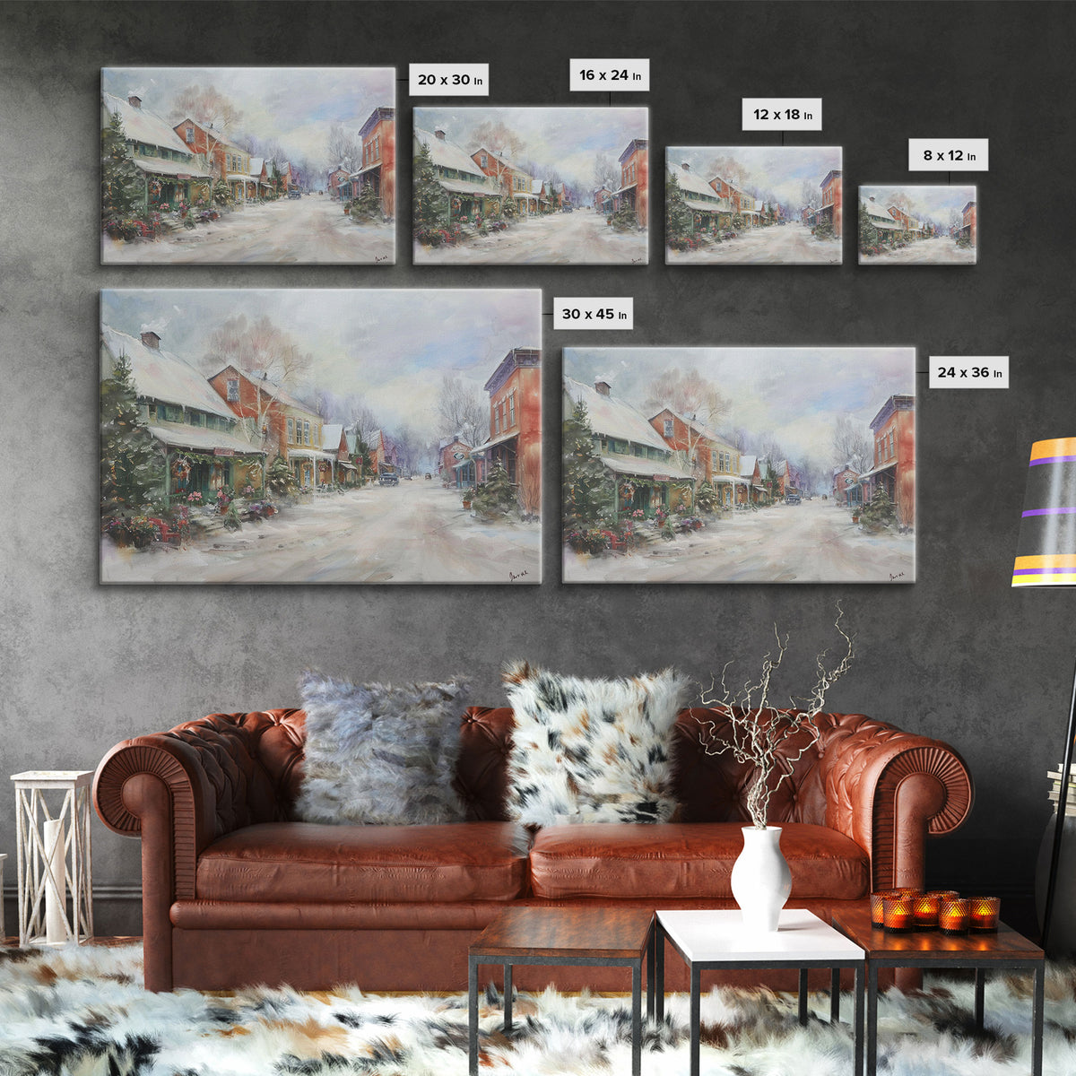 Small Town America At Christmas Time, Framed Canvas Print, Winter Scenary Wall Decor, Folk Art Framed Canvas, Metal Wall Art Living Room