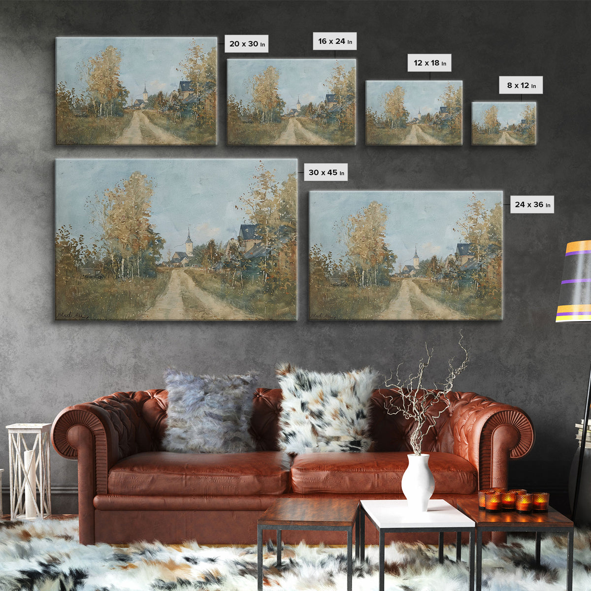 Old Country Road Leading To a Church, Framed Canvas Print, Unique Wall Art, One Of A Kind, folk art, Rustic Farmhouse